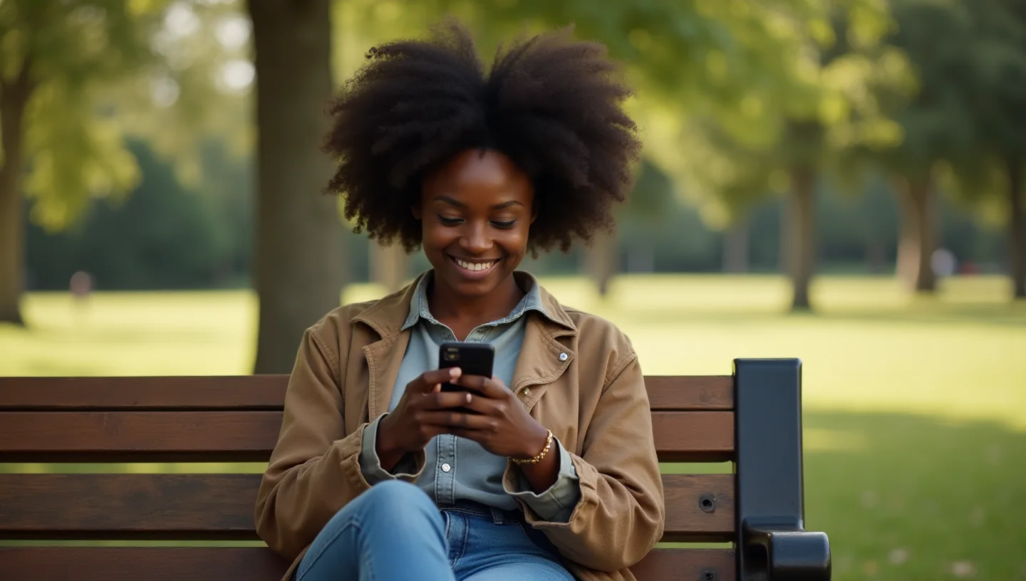 A woman on a park bench in late afternoon light, reading a message on her phone