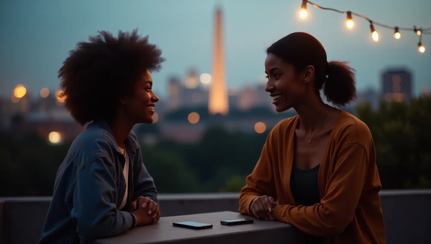 Two friends talking on a rooftop terrace at dusk, phones face down on the ledge