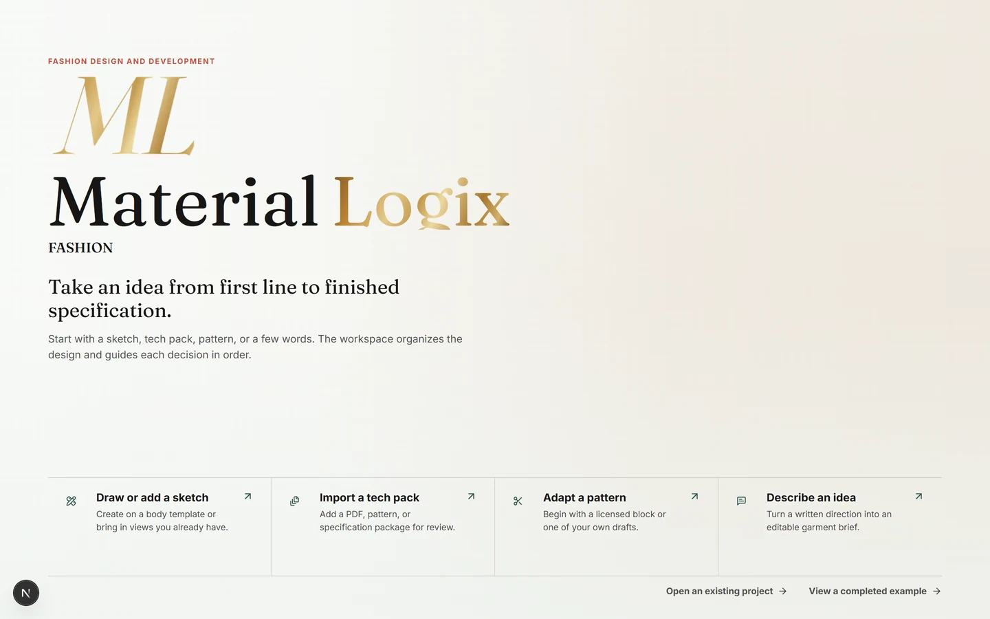 The MaterialLogix Fashion workspace, offering a sketch, a tech pack, a pattern or a written brief as ways to start a garment
