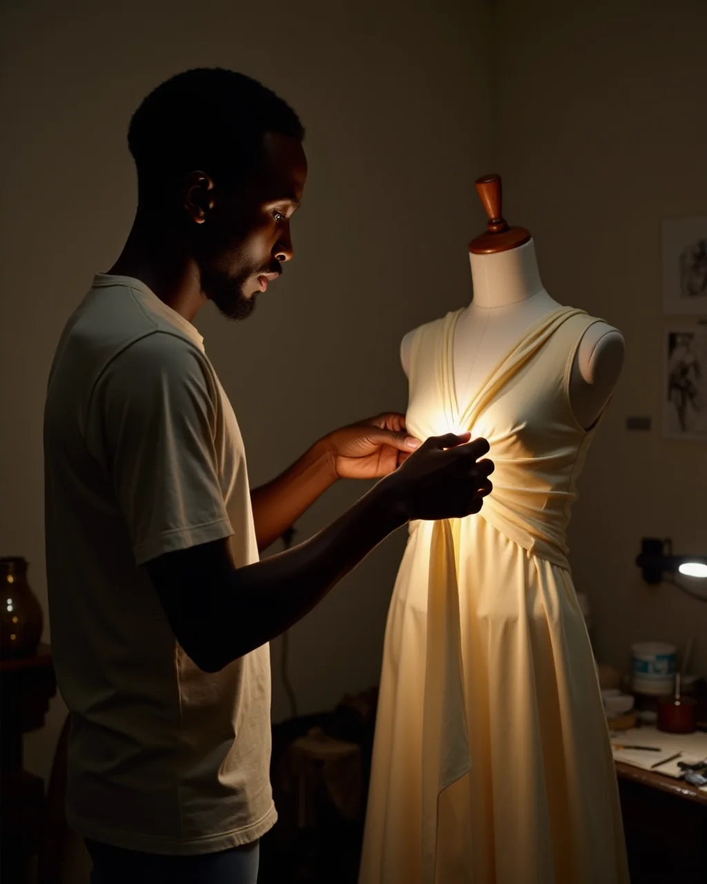 A man pinning cream fabric onto a dress form in a small home studio at night