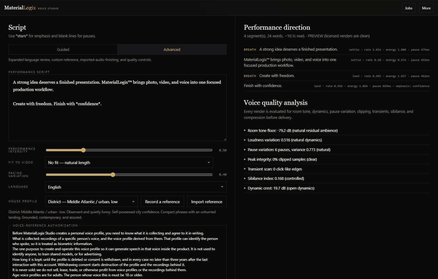 Actual MaterialLogix Voice Studio with imported audio and quality analysis loaded