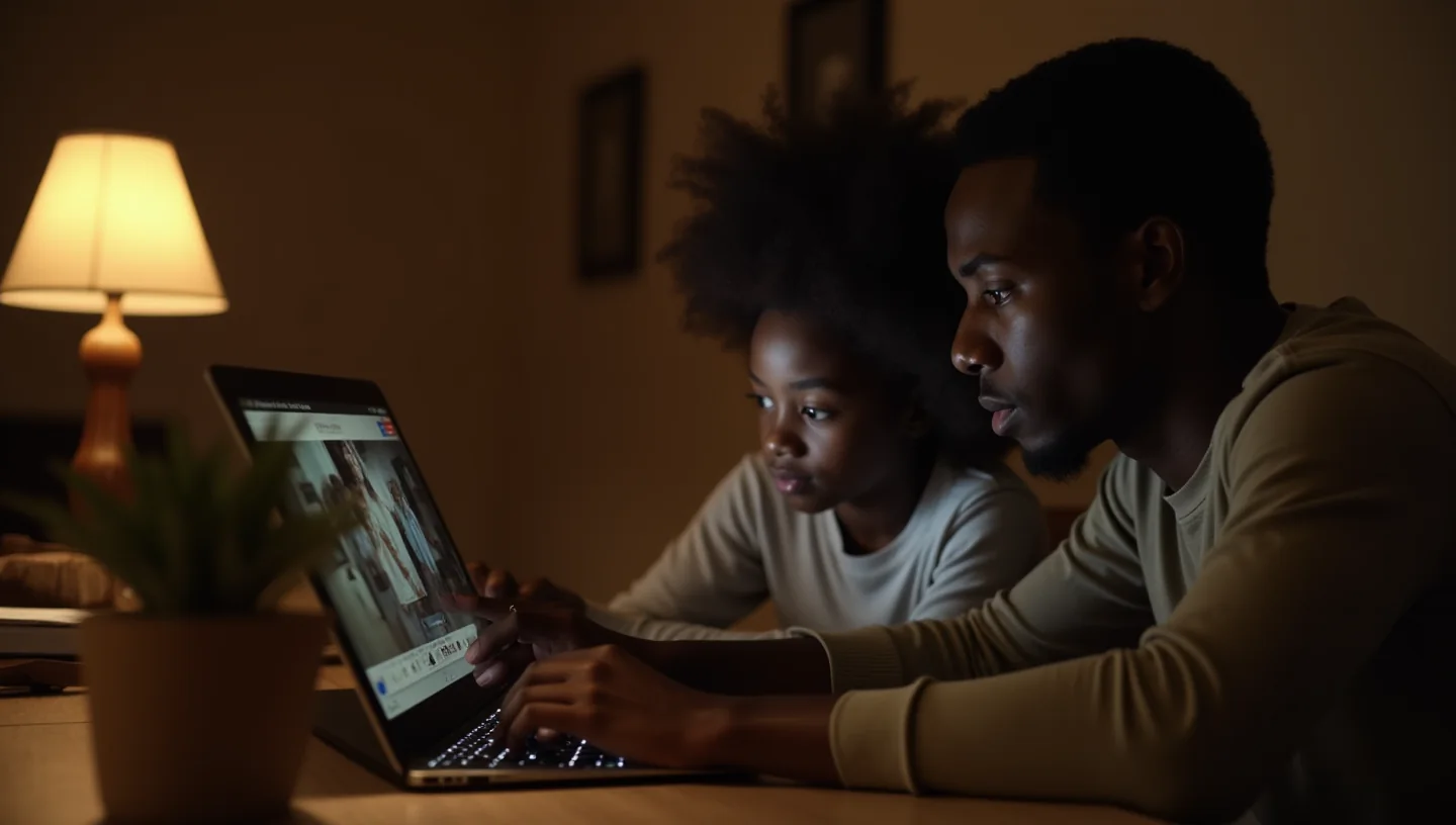 A father and his teenage daughter side by side at a desk, editing a photograph together on a laptop